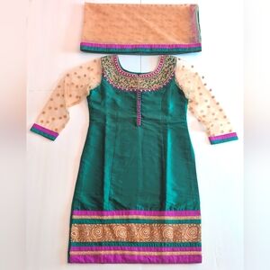 Green and Gold Embroidered Dress with Sheer Sleeves